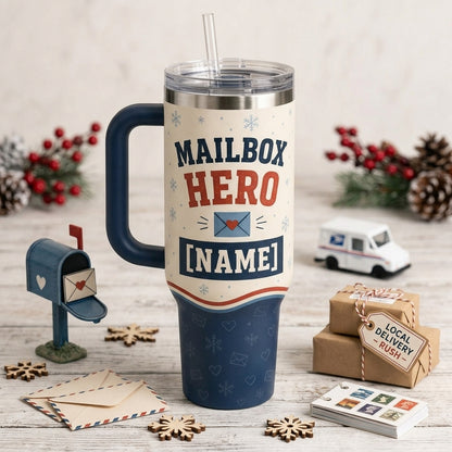 Personalized Mailbox Hero 40oz Tumbler with Handle - Custom Name Gift for Mail Carrier & Postal Worker - 40oz tumbler mockup 3