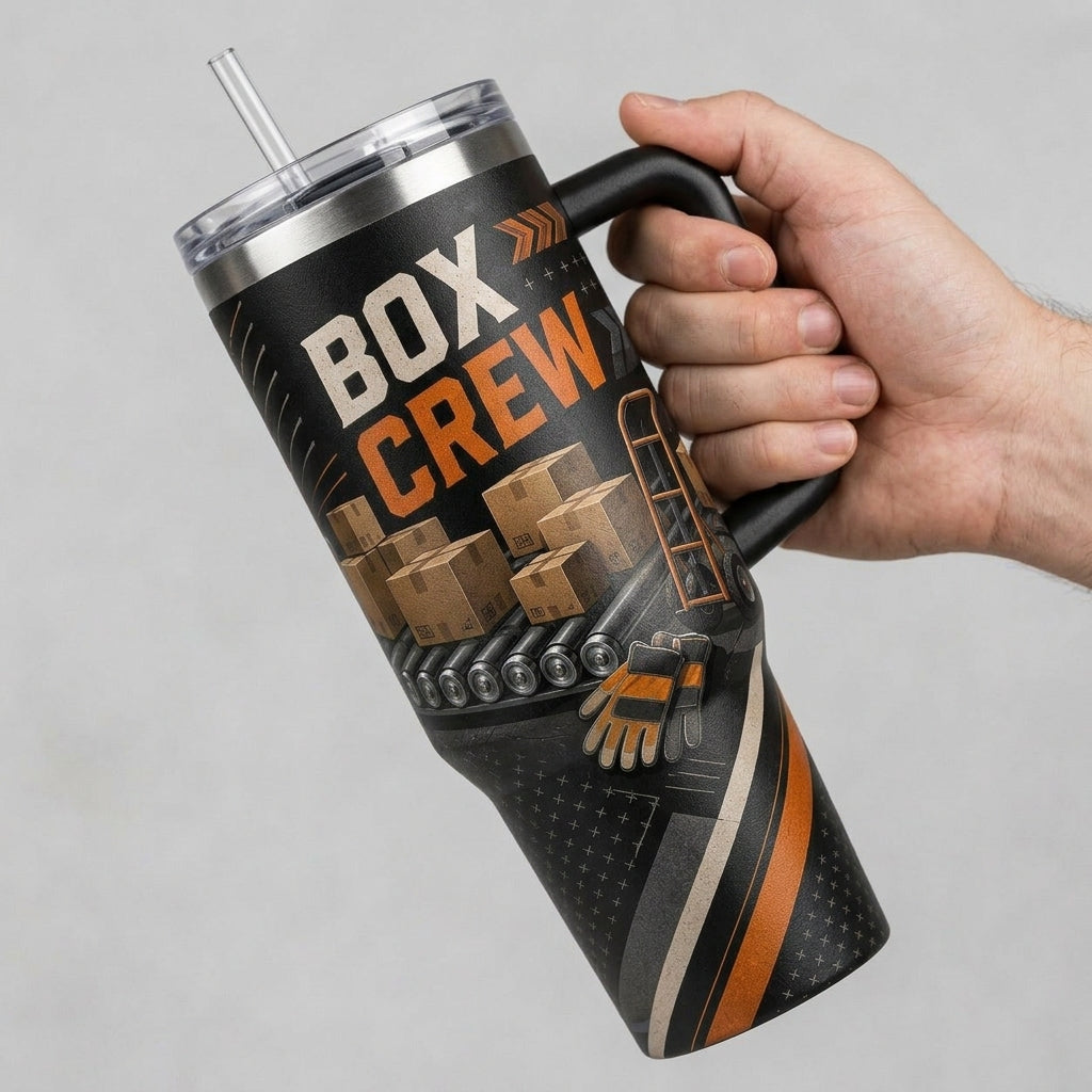 Personalized Package Handler Box Crew 40oz Tumbler with Handle - Custom Name Gift for Warehouse Workers - 40oz tumbler mockup 4