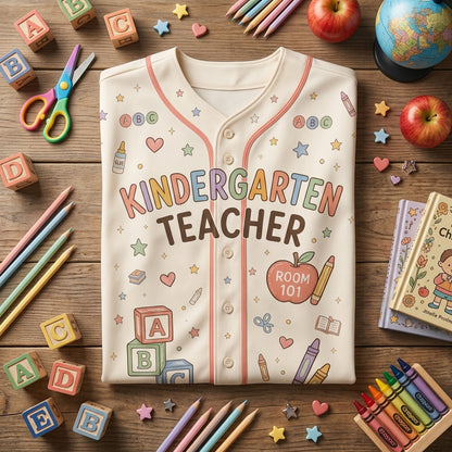 Personalized Kindergarten Teacher Baseball Jersey - Custom Name, Room Number & Year - Pastel School Supplies Shirt