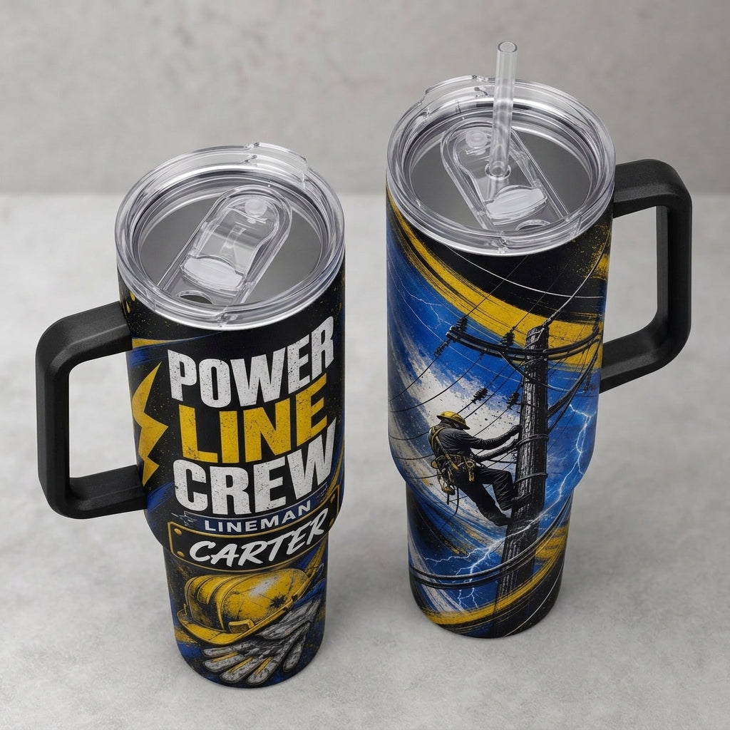 Personalized Power Line Crew Lineman 40oz Tumbler with Handle, Custom Name Gift for Electrician