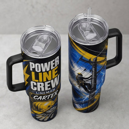 Personalized Power Line Crew Lineman 40oz Tumbler with Handle, Custom Name Gift for Electrician
