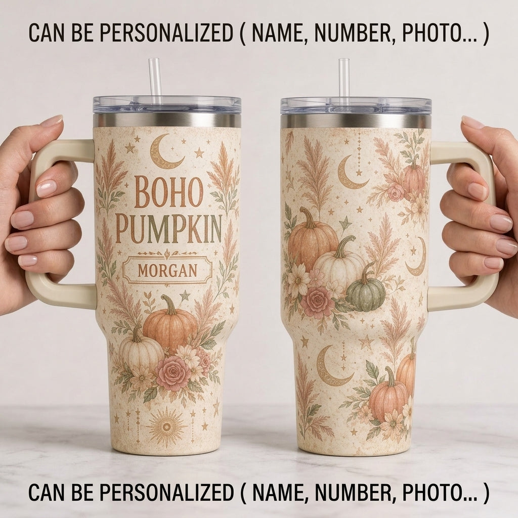 Personalized Boho Pumpkin 40oz Tumbler with Handle - Custom Fall Floral Name Cup