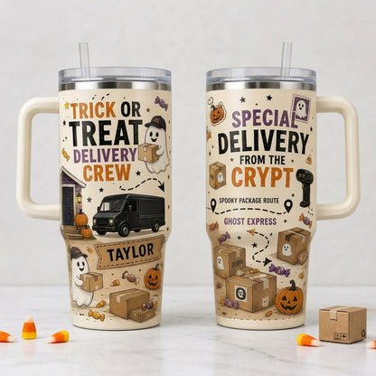 Personalized Trick or Treat Delivery Crew 40oz Tumbler with Handle Custom Name Ghost Express Halloween Gift for Drivers