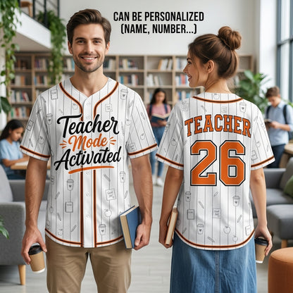 Personalized Teacher Mode Activated Baseball Jersey - Custom Name and Number Classroom Apparel