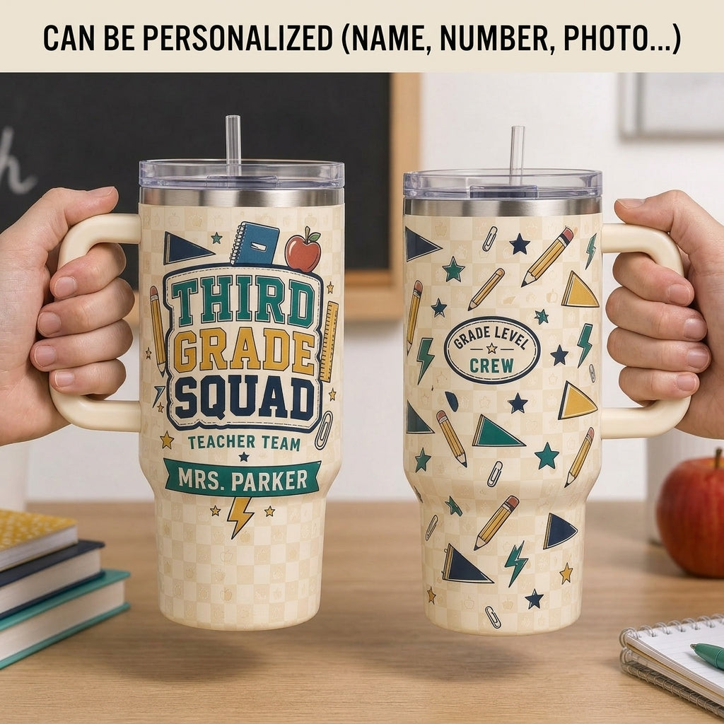 Personalized Third Grade Squad Teacher 40oz Tumbler with Handle - Custom Name Gift for Educators