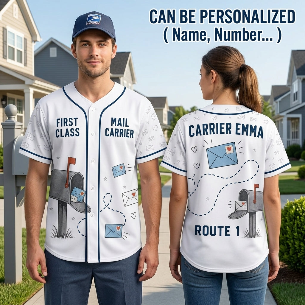 Personalized First Class Mail Carrier Baseball Jersey - Custom Name and Route Number Postal Worker Gift
