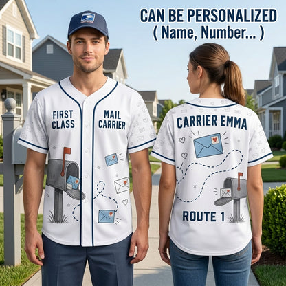 Personalized First Class Mail Carrier Baseball Jersey - Custom Name and Route Number Postal Worker Gift