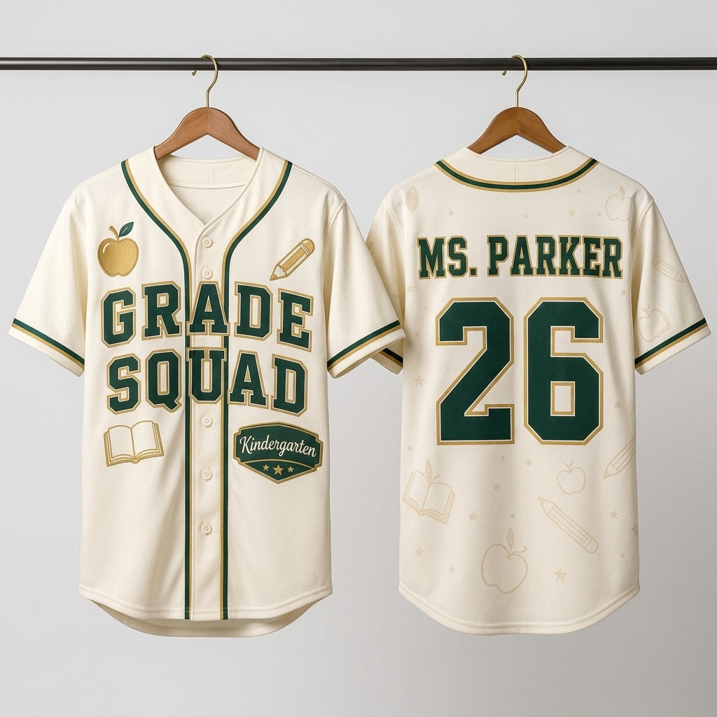 Personalized Teacher Grade Squad Baseball Jersey - Custom Name and Number School Staff Shirt - Kindergarten