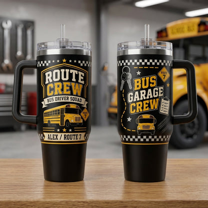Personalized Bus Driver 40oz Tumbler with Handle - Route Crew Bus Garage Squad Custom Name Gift