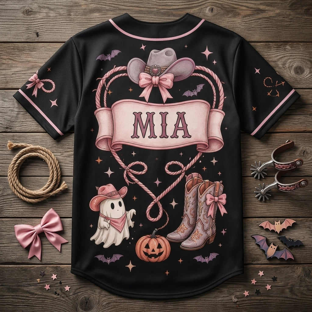 Personalized Boots & Boos Spooky Cowgirl Halloween Baseball Jersey - Custom Name Pink Ghost Western Shirt
