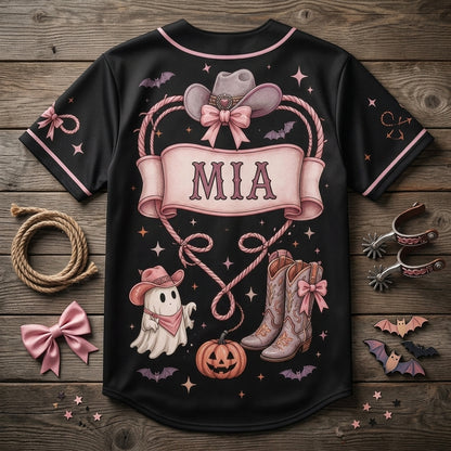 Personalized Boots & Boos Spooky Cowgirl Halloween Baseball Jersey - Custom Name Pink Ghost Western Shirt
