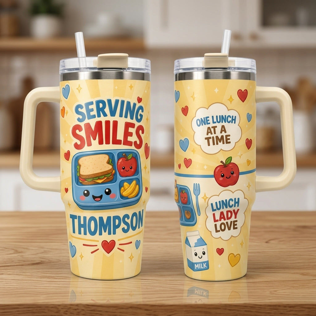 Personalized Lunch Lady Tumbler 40oz with Handle Serving Smiles Custom Name Cafeteria Gift