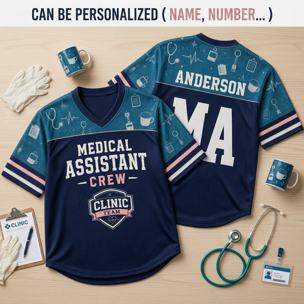 Personalized Medical Assistant Crew Football Jersey - Custom Name Healthcare Clinic Team Hybrid Mesh Shirt - football jersey product view 2