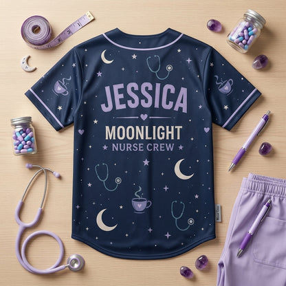 Personalized Night Shift Nurse Baseball Jersey Custom Name Moonlight Care Club Medical Gift