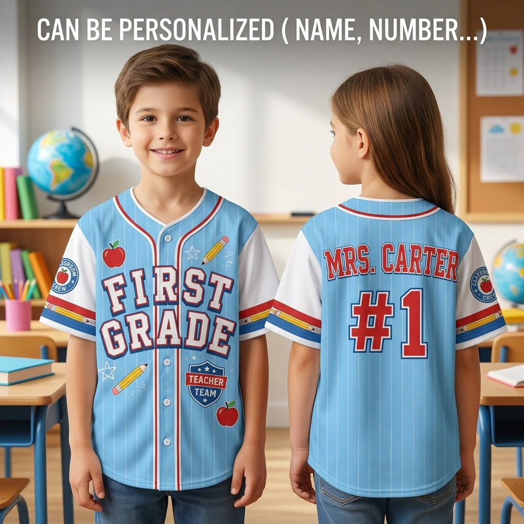 Personalized First Grade Teacher Baseball Jersey - Custom Name Back to School Outfit - Light Blue Pinstripe Teacher Team Apparel