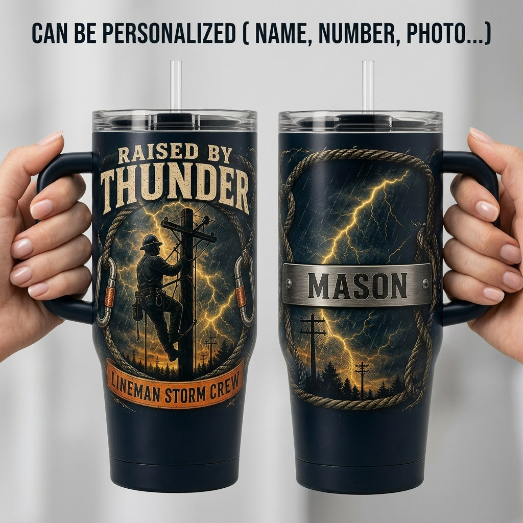 Personalized Lineman Storm Crew 40oz Tumbler with Handle - Custom Name Raised by Thunder Gift