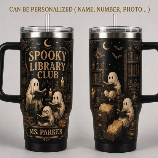 Personalized Spooky Library Club 40oz Tumbler with Handle - Custom Name Ghost Bookworm Gift for Librarians & Teachers