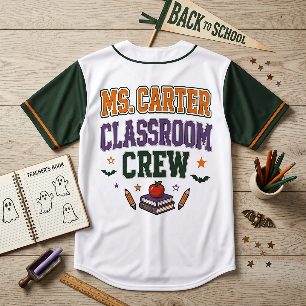 Personalized Spooky Teacher Baseball Jersey - Custom Classroom Crew Halloween Shirt, Back to School Boo Crew Gift