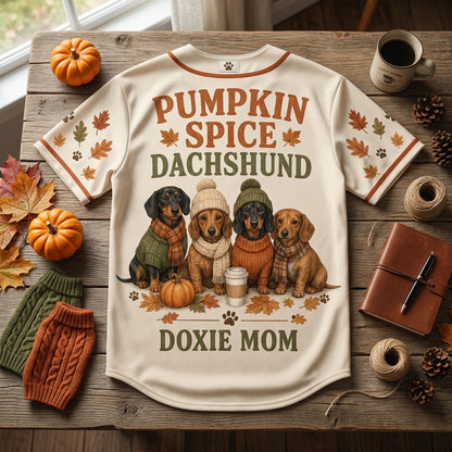 Personalized Pumpkin Spice Dachshund Baseball Jersey - Doxie Mom Fall Crew Autumn Shirt