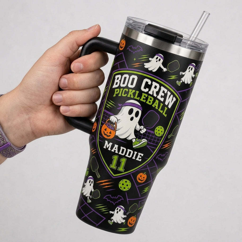 Personalized Boo Crew Pickleball Halloween Ghost 40oz Tumbler with Handle - Custom Name & Number Gift