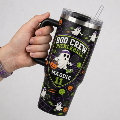 Personalized Boo Crew Pickleball Halloween Ghost 40oz Tumbler with Handle - Custom Name & Number Gift