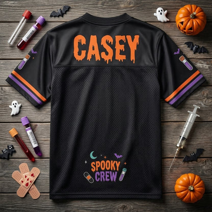 Personalized Spooky Blood Draw Crew Football Jersey - Custom Name Phlebotomist Halloween Mesh Shirt
