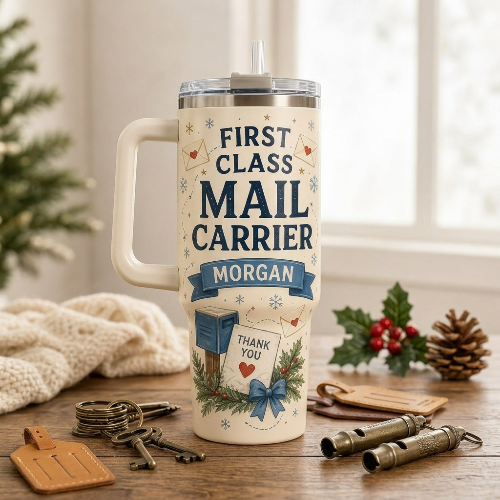 Personalized Mail Carrier 40oz Tumbler with Handle - Custom Postal Worker Gift - Delivering Joy Holiday Travel Mug