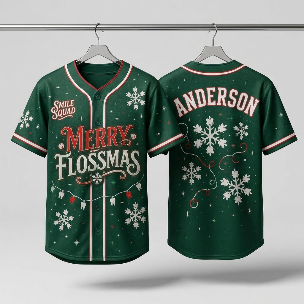 Personalized Merry Flossmas Baseball Jersey - Custom Name Dental Smile Squad Holiday Shirt for Dentists & Hygienists