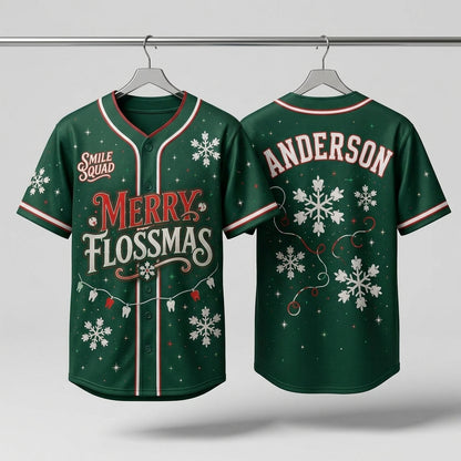 Personalized Merry Flossmas Baseball Jersey - Custom Name Dental Smile Squad Holiday Shirt for Dentists & Hygienists