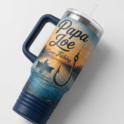 Personalized Fishing 40oz Tumbler with Handle - Custom Name Gone Fishing Lake Crew Gift for Dad and Grandpa