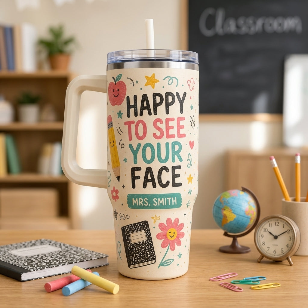 Personalized Teacher 40oz Tumbler with Handle - Custom Name School Gift - Happy To See Your Face Design