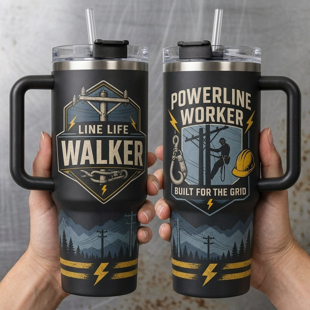 Personalized Powerline Worker 40oz Tumbler with Handle, Custom Name Gift for Lineman & Electricians, Built for the Grid