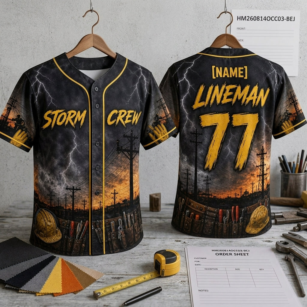 Personalized Lineman Storm Crew Baseball Jersey - Custom Name & Number Utility Worker Full Print Shirt - baseball jersey product view 3