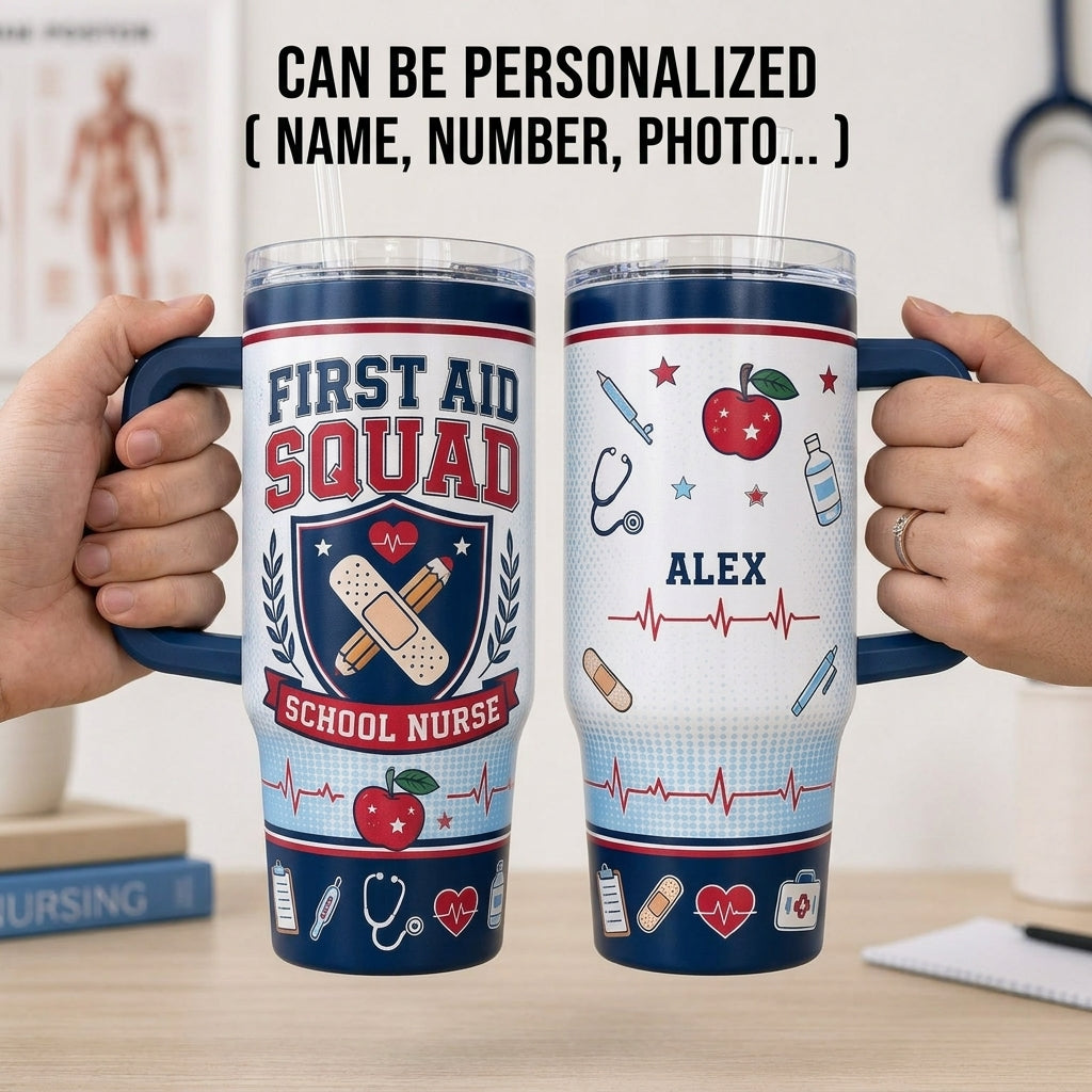 Personalized First Aid Squad School Nurse 40oz Tumbler with Handle, Custom Name Medical Gift