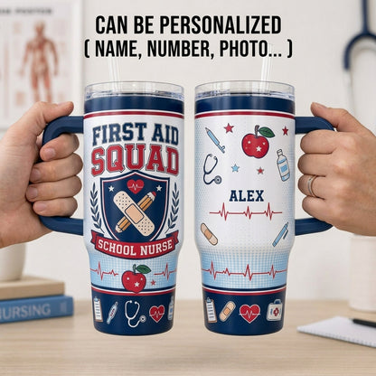 Personalized First Aid Squad School Nurse 40oz Tumbler with Handle, Custom Name Medical Gift