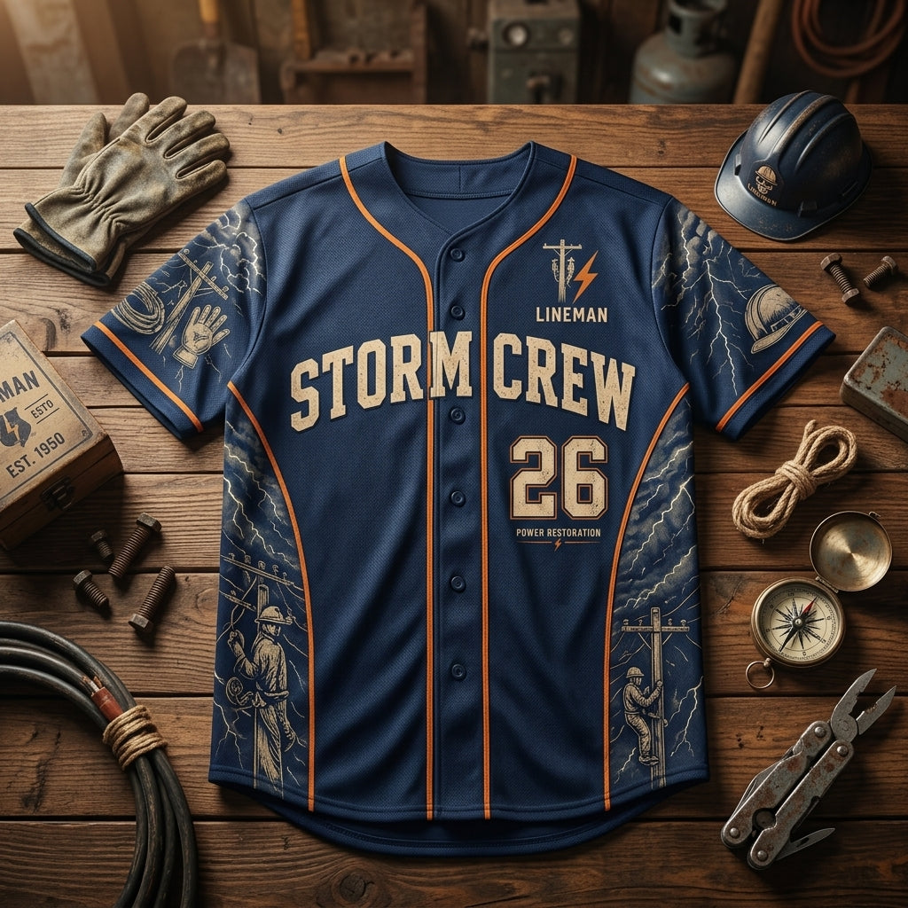Personalized Lineman Storm Crew Baseball Jersey - Custom Name and Number Power Restoration Graphic Shirt product view 4