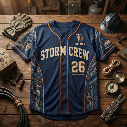 Personalized Lineman Storm Crew Baseball Jersey - Custom Name and Number Power Restoration Graphic Shirt product view 4