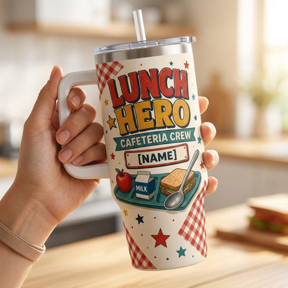 Personalized Lunch Hero Cafeteria Crew 40oz Tumbler with Handle - Custom Name School Gift - 40oz tumbler mockup 4