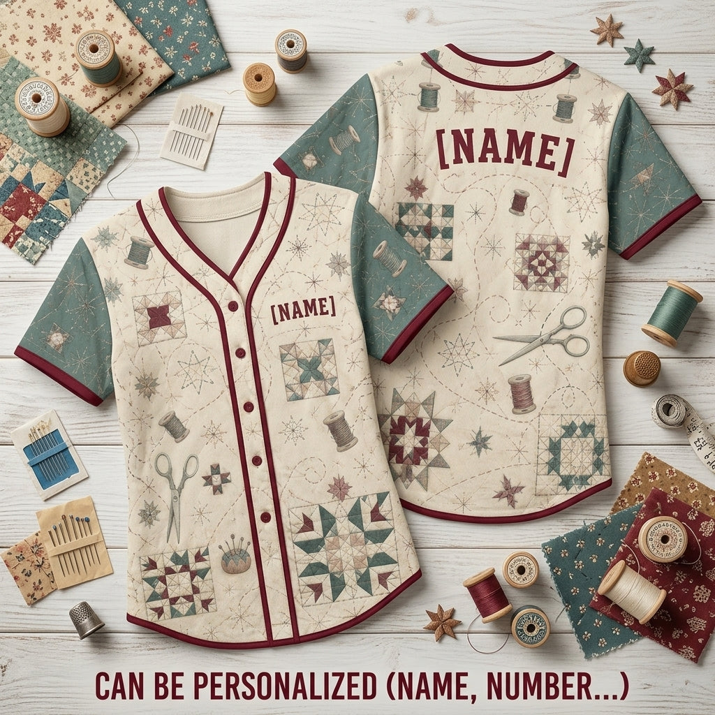 Personalized Quilting Pattern Baseball Jersey - Custom Name Sewing & Crafting Enthusiast Button-Up Shirt