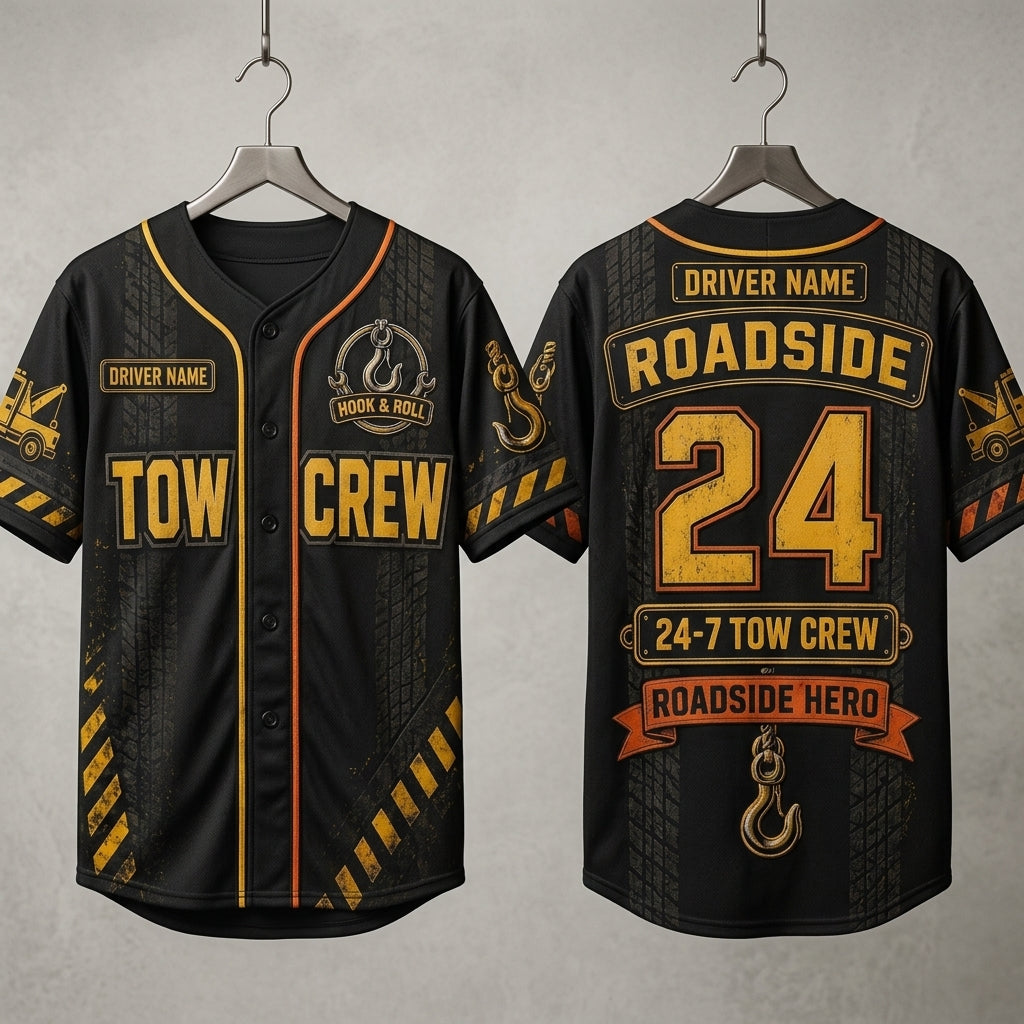 Personalized Tow Truck Driver Baseball Jersey - Custom Name Roadside Tow Crew Hook and Roll Recovery Apparel