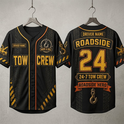 Personalized Tow Truck Driver Baseball Jersey - Custom Name Roadside Tow Crew Hook and Roll Recovery Apparel
