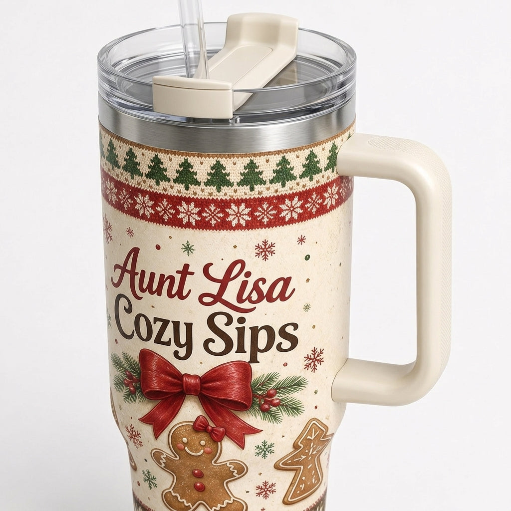 Personalized Christmas Gingerbread 40oz Tumbler with Handle, Custom Name Holiday Gift for Aunt