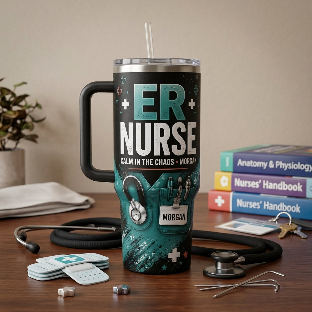 Personalized ER Nurse 40oz Tumbler with Handle - Custom Name Calm In The Chaos Medical Gift