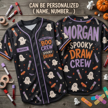 Personalized Phlebotomy Boo Crew Halloween Baseball Jersey - Custom Name Phlebotomist Spooky Draw Gift