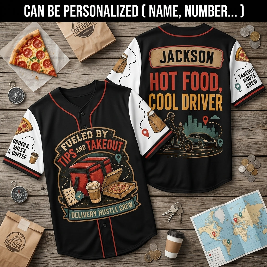 Personalized Delivery Driver Baseball Jersey - Custom Name Fueled By Tips and Takeout Courier Apparel