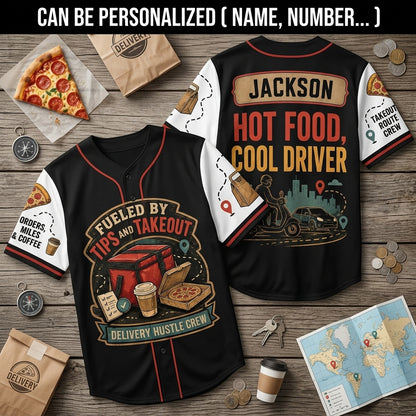 Personalized Delivery Driver Baseball Jersey - Custom Name Fueled By Tips and Takeout Courier Apparel