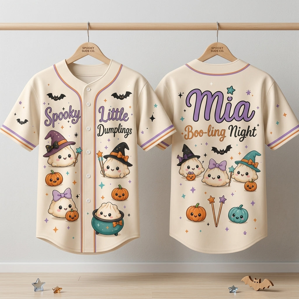 Personalized Spooky Little Dumplings Halloween Baseball Jersey - Custom Name Cute Witch Dumplings Button-Up