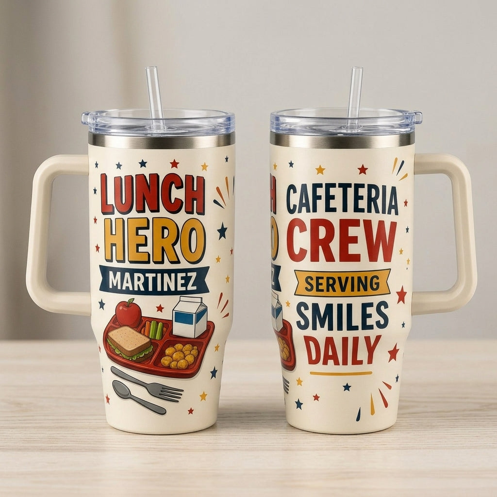 Personalized Lunch Hero 40oz Tumbler with Handle - Custom Cafeteria Crew Gift for School Nutrition Staff