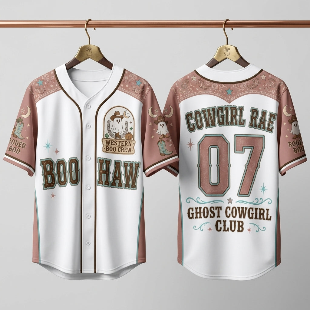 Personalized Ghost Cowgirl Halloween Baseball Jersey - Custom Name Western Boo Crew Boo Haw Jersey