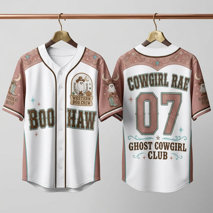 Personalized Ghost Cowgirl Halloween Baseball Jersey - Custom Name Western Boo Crew Boo Haw Jersey
